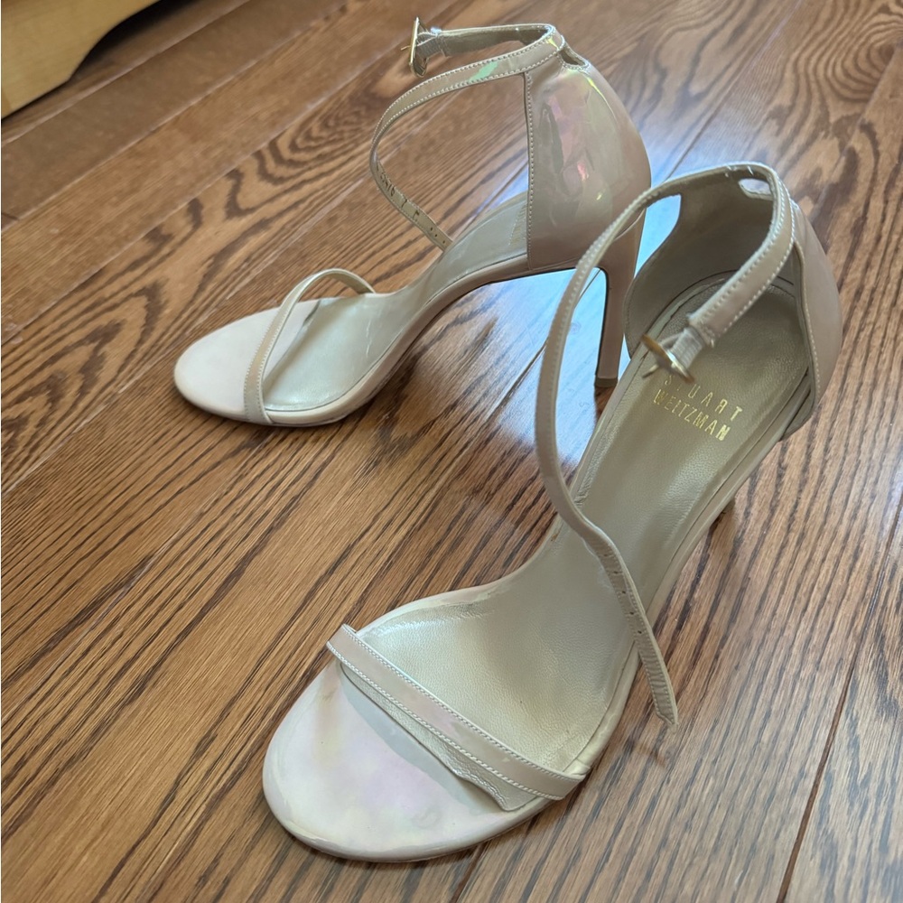 Stuart Weitzman Nude Patent Ankle-Strap Stilettos